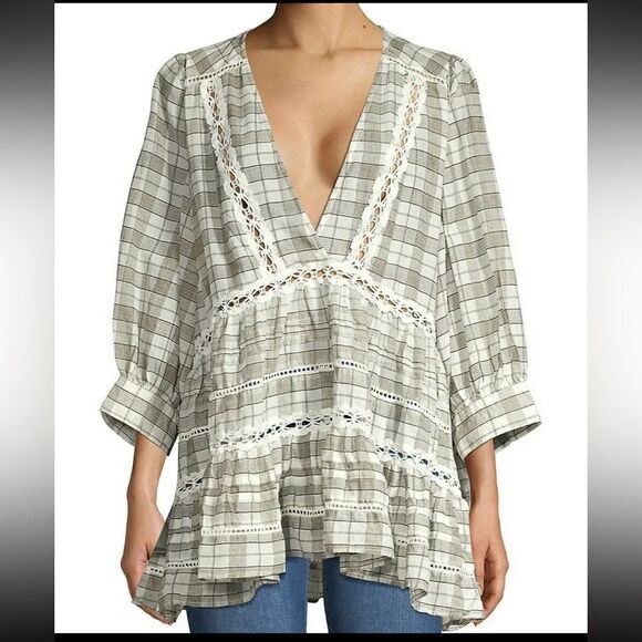 Free People Time Out Babydoll Tunic Cotton Ivory grey combo size SP - Picture 1 of 8